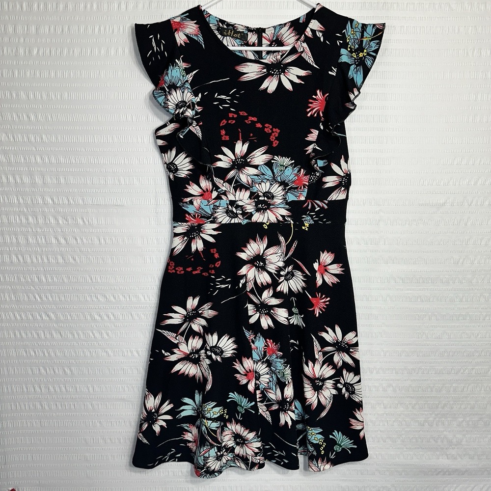 iHOT Womens L Floral Fit Flare Dress Ruffle Flutter Sleeve Pockets Black